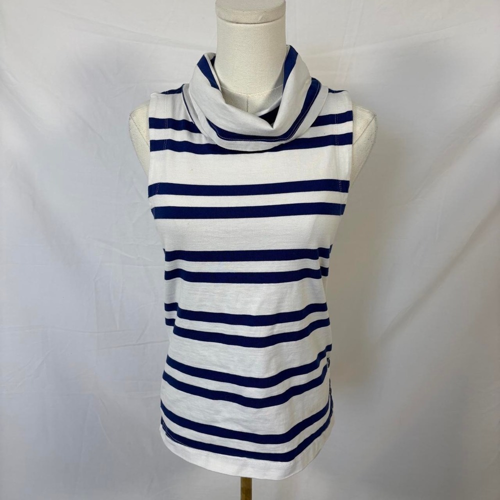 Maeve Anthropologie white blue striped mock neck sleeveless top size xs preppy